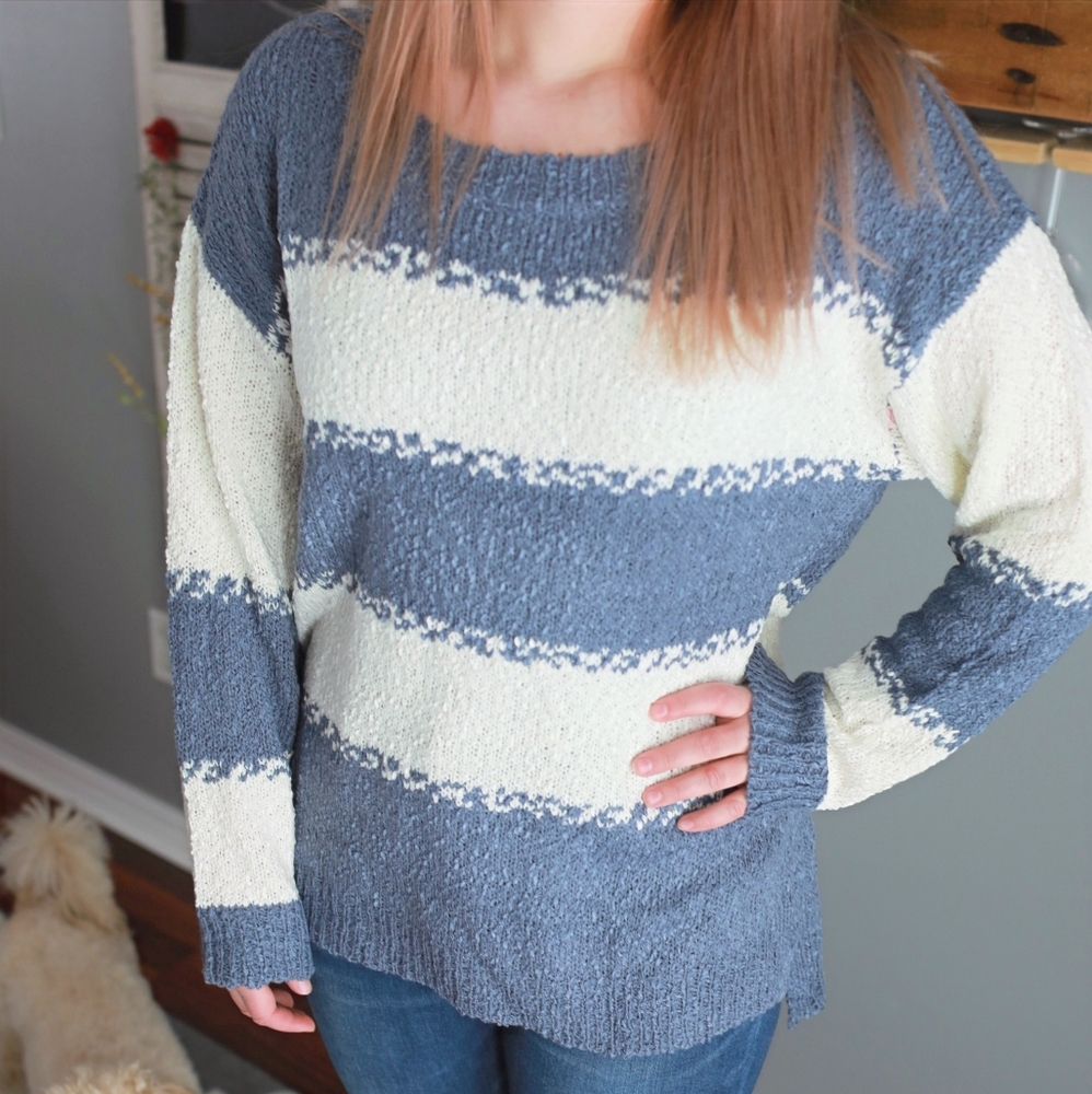 Cozy Blue and Cream Striped Crew Neck Sweater